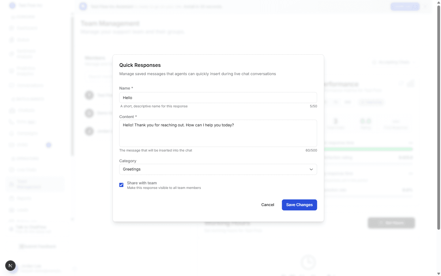The Quick Responses editor with a Name field showing a character counter, a Content field with its own counter, a category selector, and a Share with team toggle