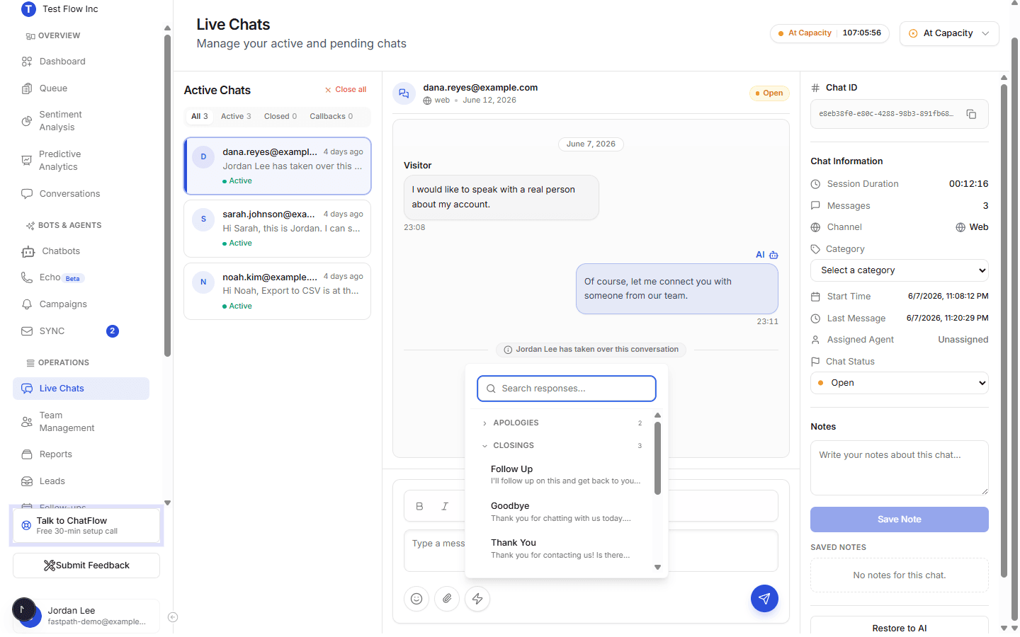 A live chat with the Quick Responses picker open above the composer, showing categories and saved replies ready to insert