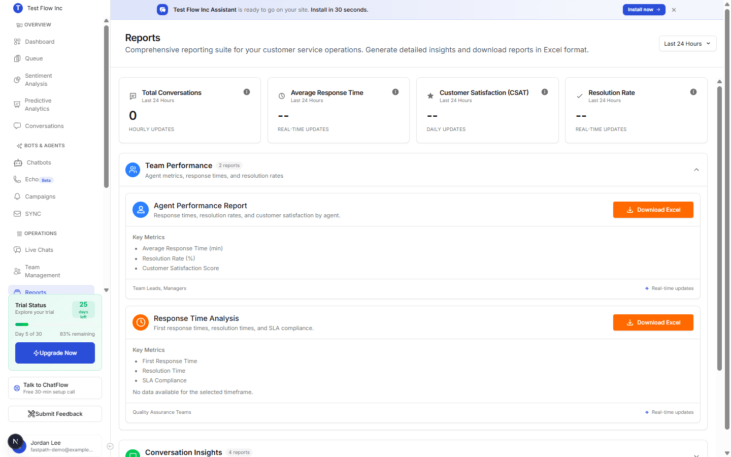 The Reports page with KPI cards for Total Conversations, Average Response Time, CSAT, and Resolution Rate, and report categories with Download Excel buttons