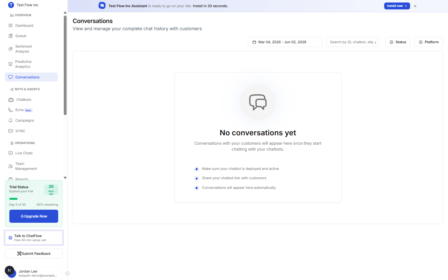 The Conversations page where you review how the chatbot handled real chats