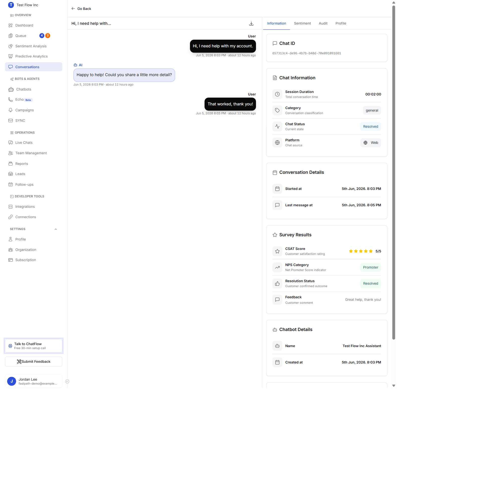 A conversation detail view with the message thread and the Information tab showing Chat Information and Survey Results