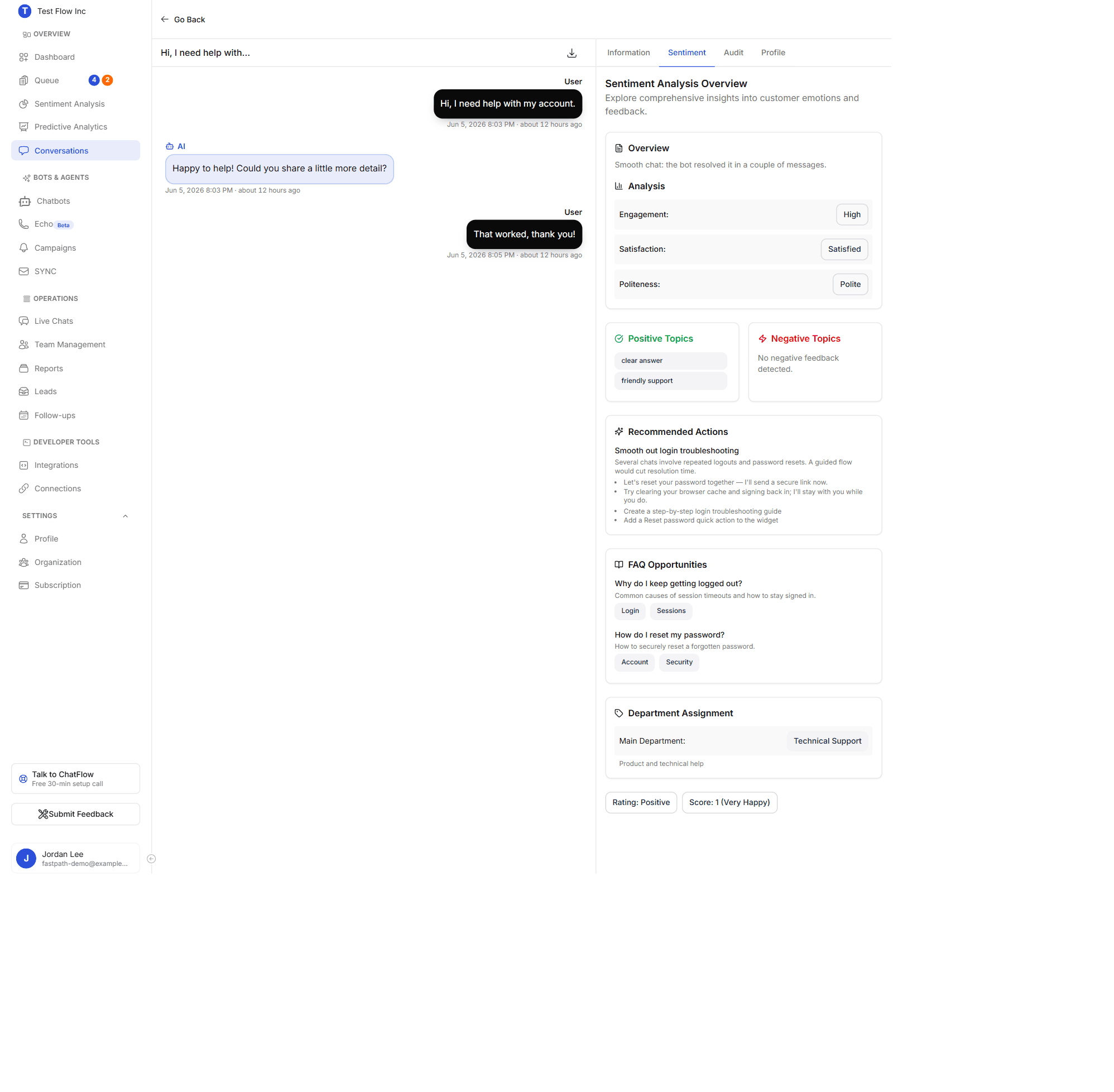 The Sentiment tab with Overview, Analysis, Topics, Recommended Actions, FAQ Opportunities, and Department Assignment