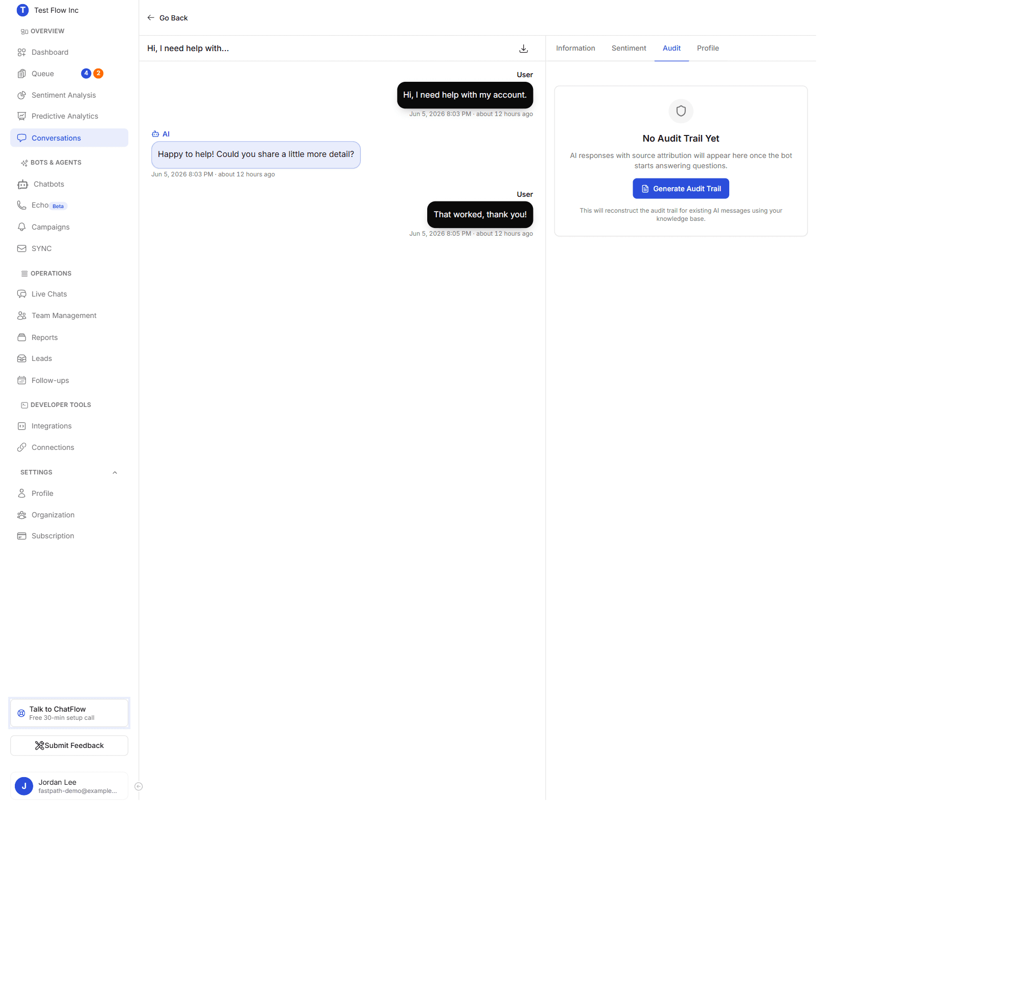The Audit tab showing the Liability Shield audit-trail empty state with a Generate Audit Trail action