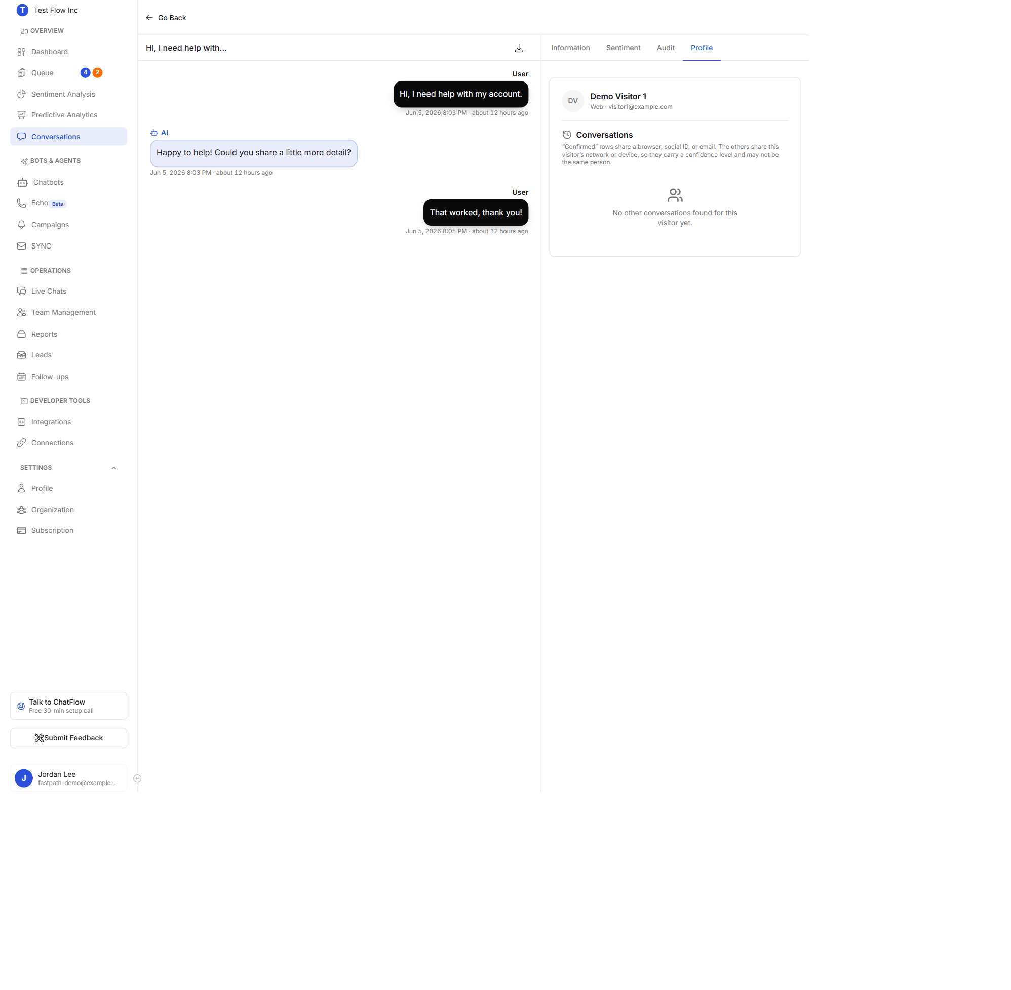 The Profile tab showing the visitor identity and the linked-conversations explainer