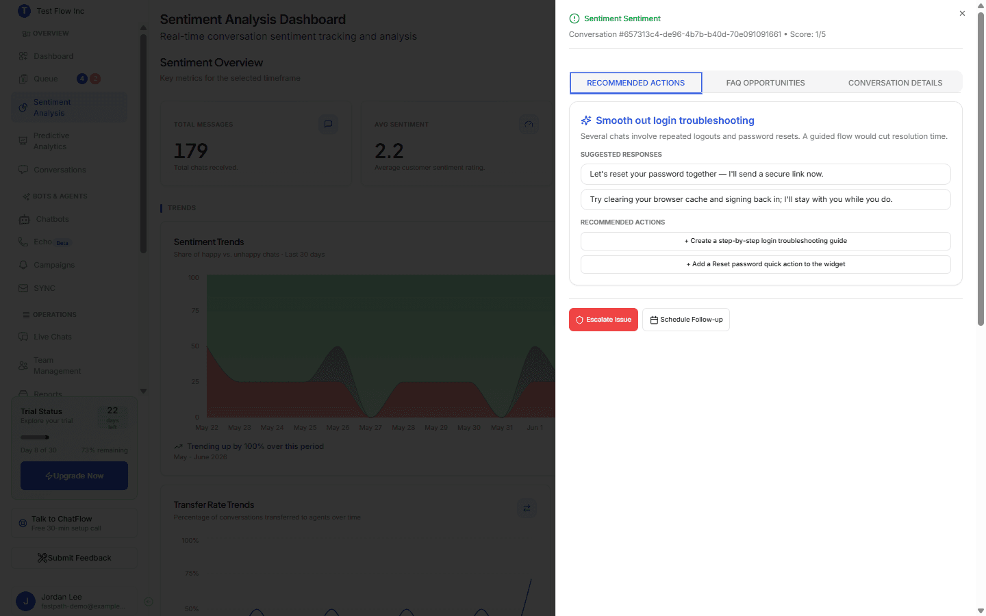 The Recommended Actions tab with suggested responses and recommended actions for a conversation