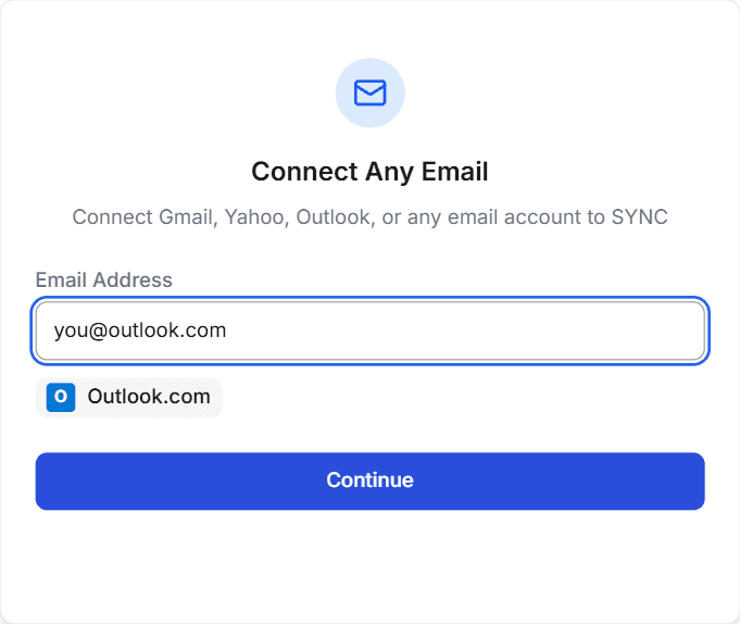 The Connect Any Email window with an Outlook.com address entered and the provider detected