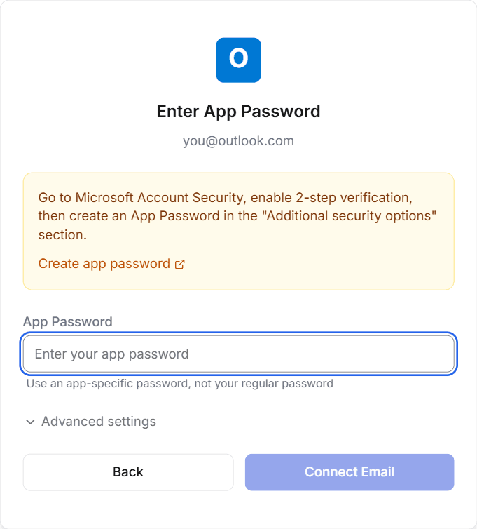 The Enter App Password screen with Microsoft instructions, a Create app password link, and the App Password field