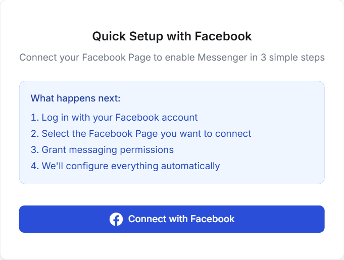 The Quick Setup with Facebook window for Messenger, with a Connect with Facebook button
