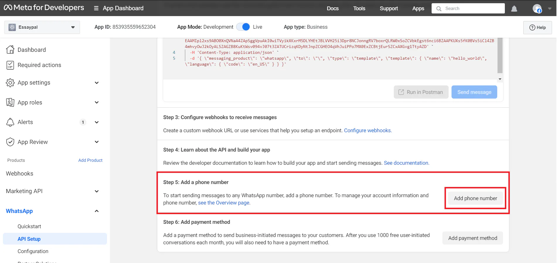 Adding a business phone number in WhatsApp API setup