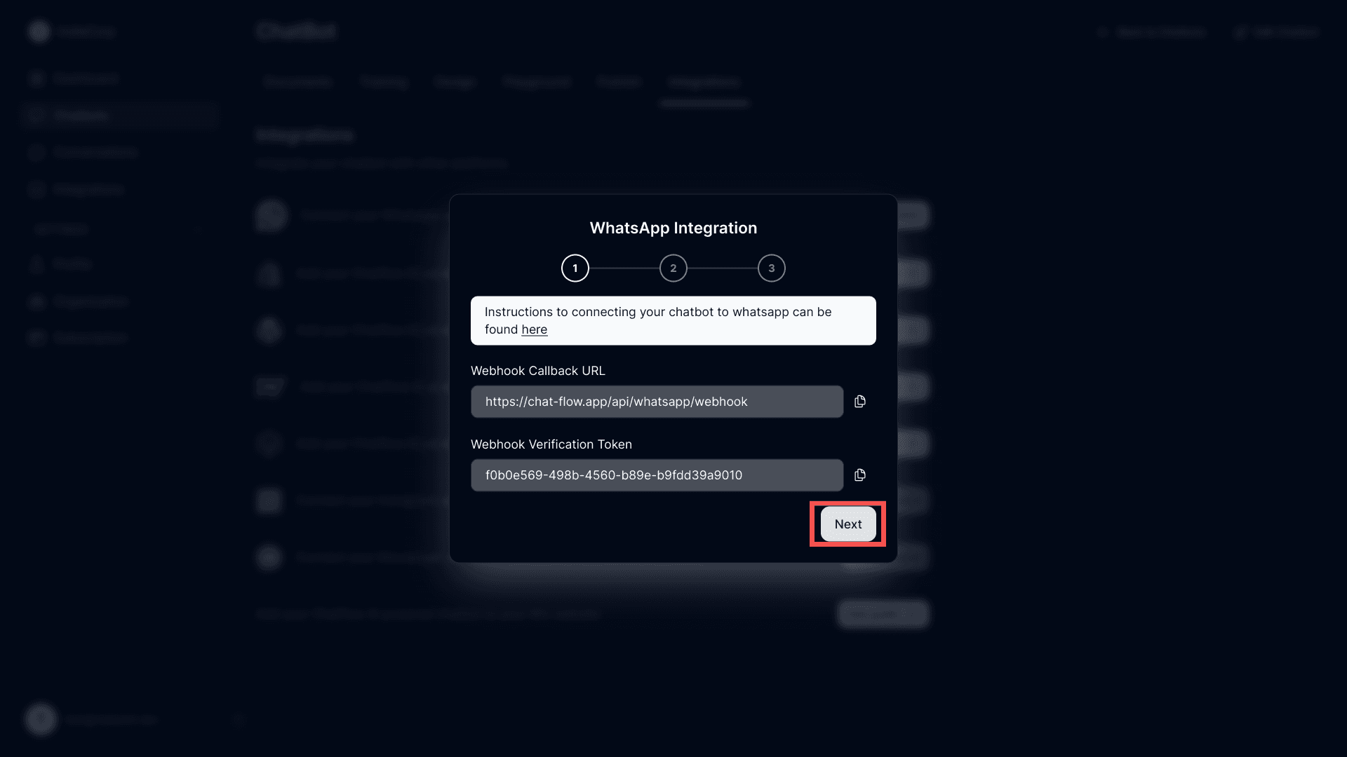 The ChatFlow WhatsApp integration modal showing the next step