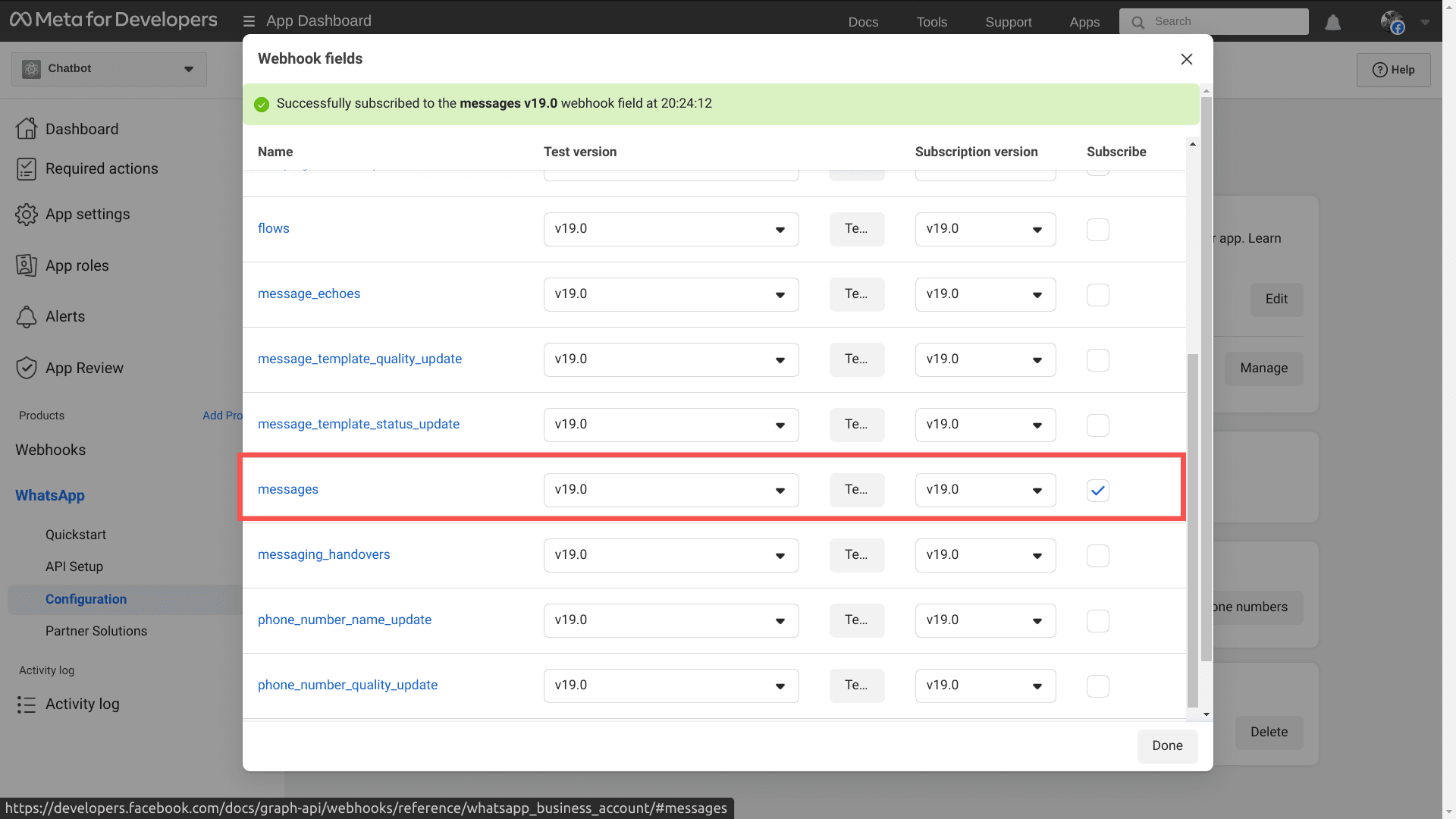 Subscribing to the messages webhook field