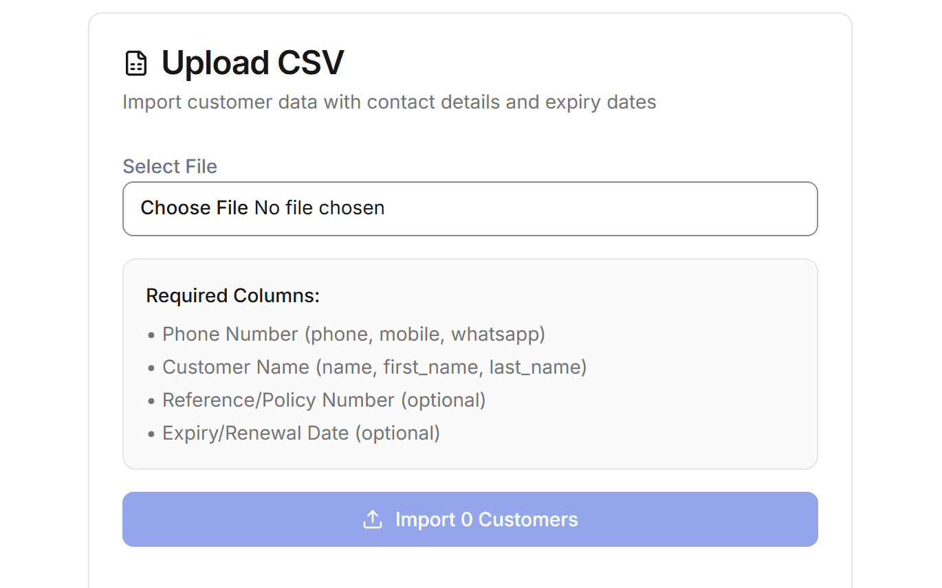 The Campaigns CSV upload, listing the phone, name, reference, and date columns it reads