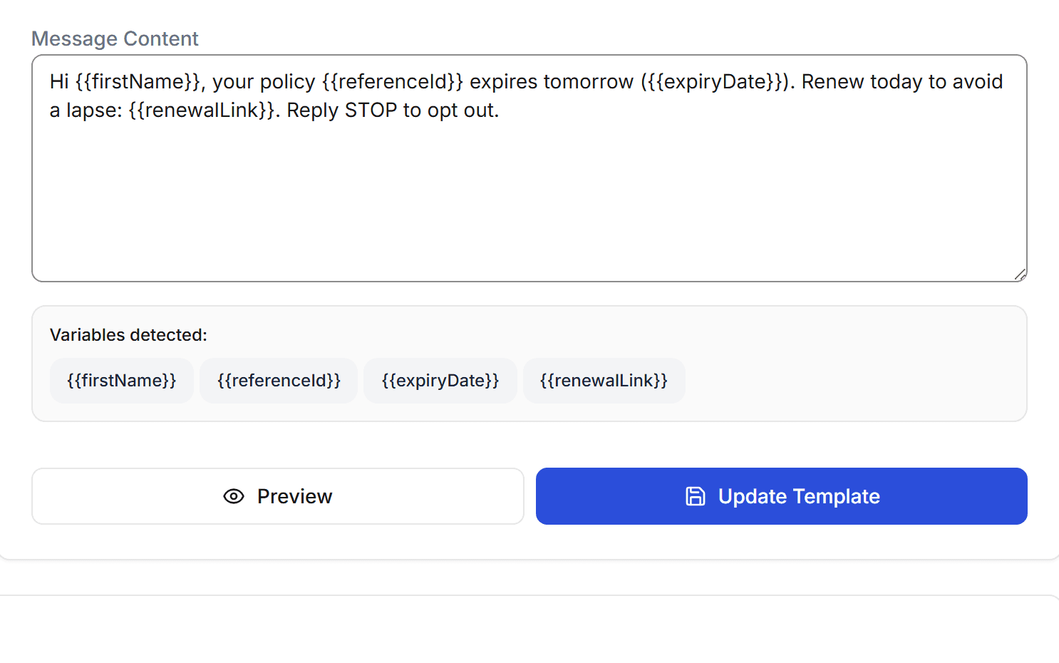 A Campaigns message template with firstName, referenceId, expiryDate, and renewalLink variables