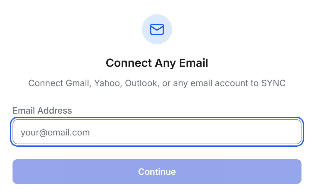 The Sync dialog for connecting Gmail, Yahoo, Outlook, or any email account