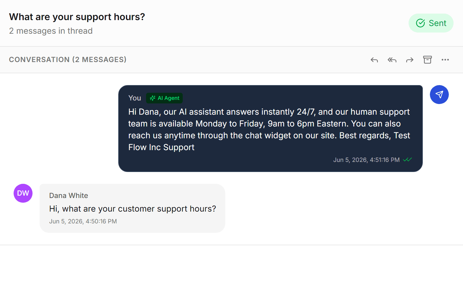 A customer question in the Sync inbox and the reply Sync sent