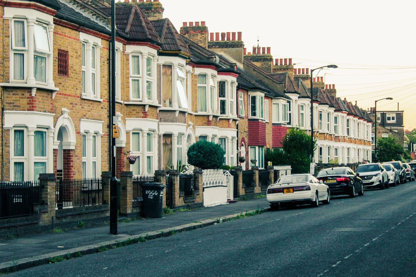 A street of traditional terraced houses in London