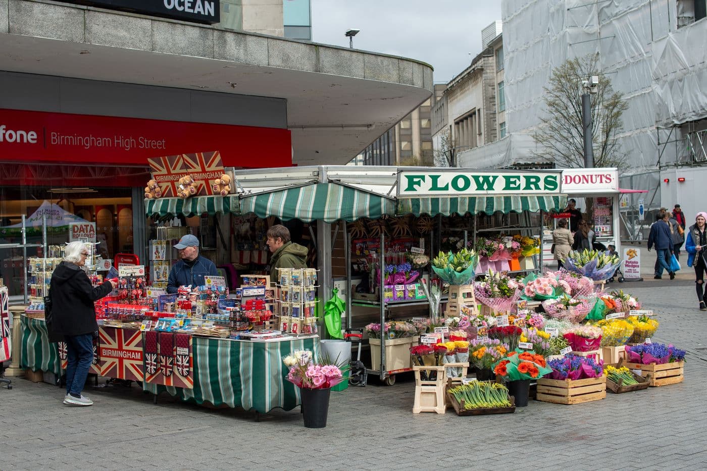 A flower stall on a busy Birmingham street