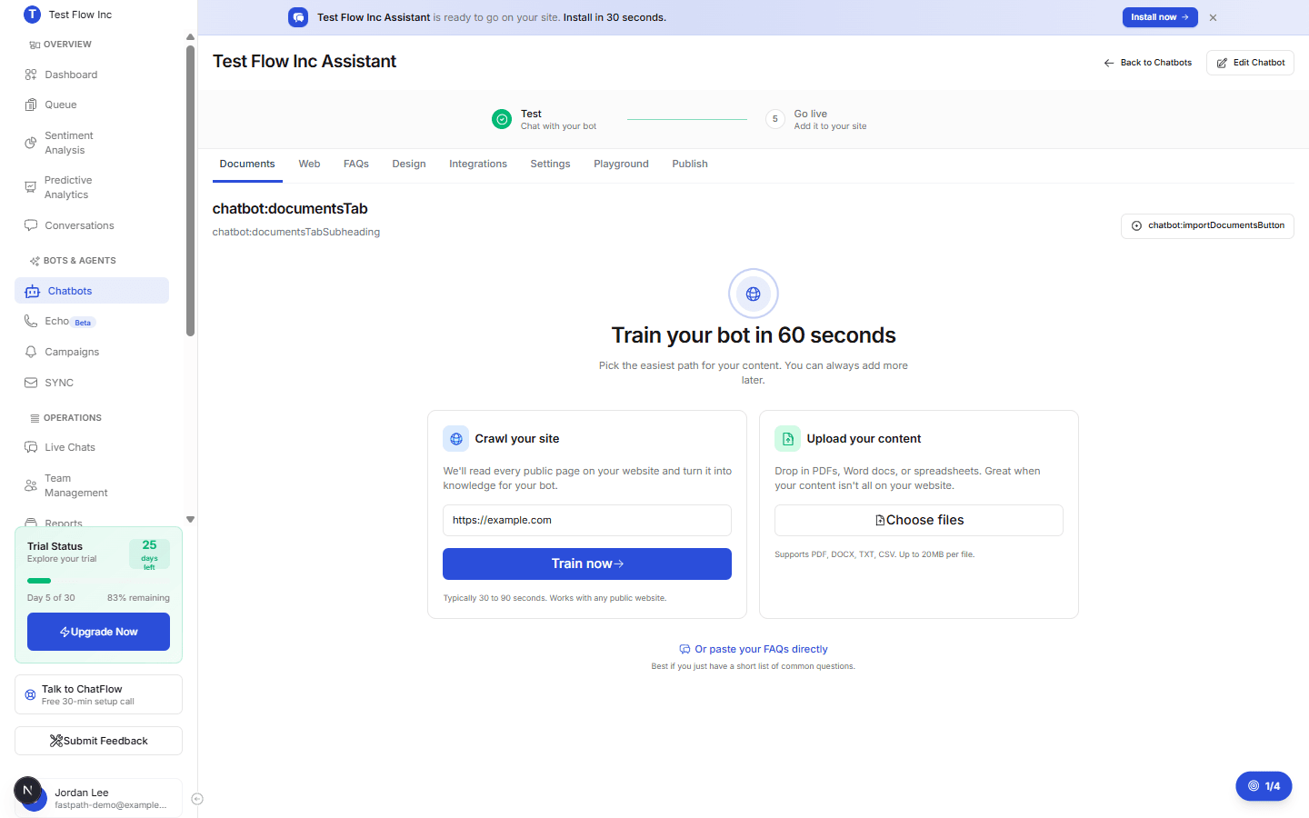 The chatbot Documents tab where you import files to train the chatbot