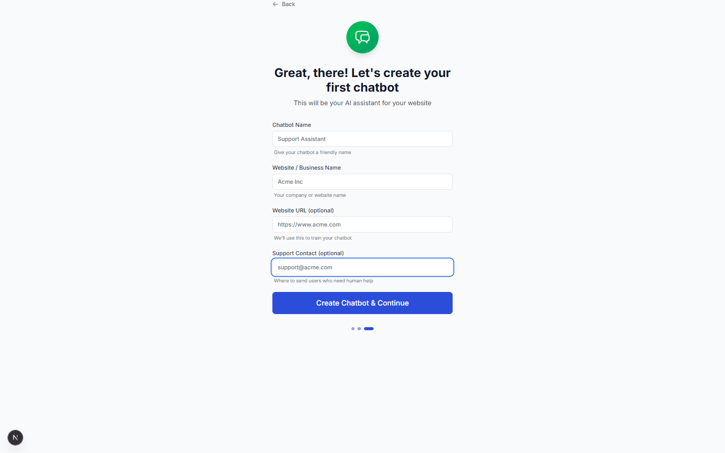 The ChatFlow setup wizard showing the create your first chatbot form with name, business name, website URL, and support contact fields