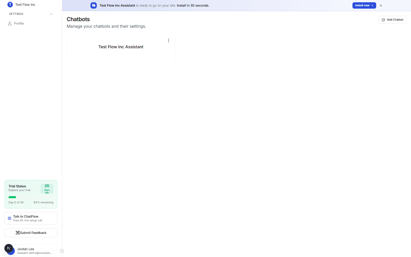 The Chatbots page listing an existing chatbot with the Add Chatbot button in the top right