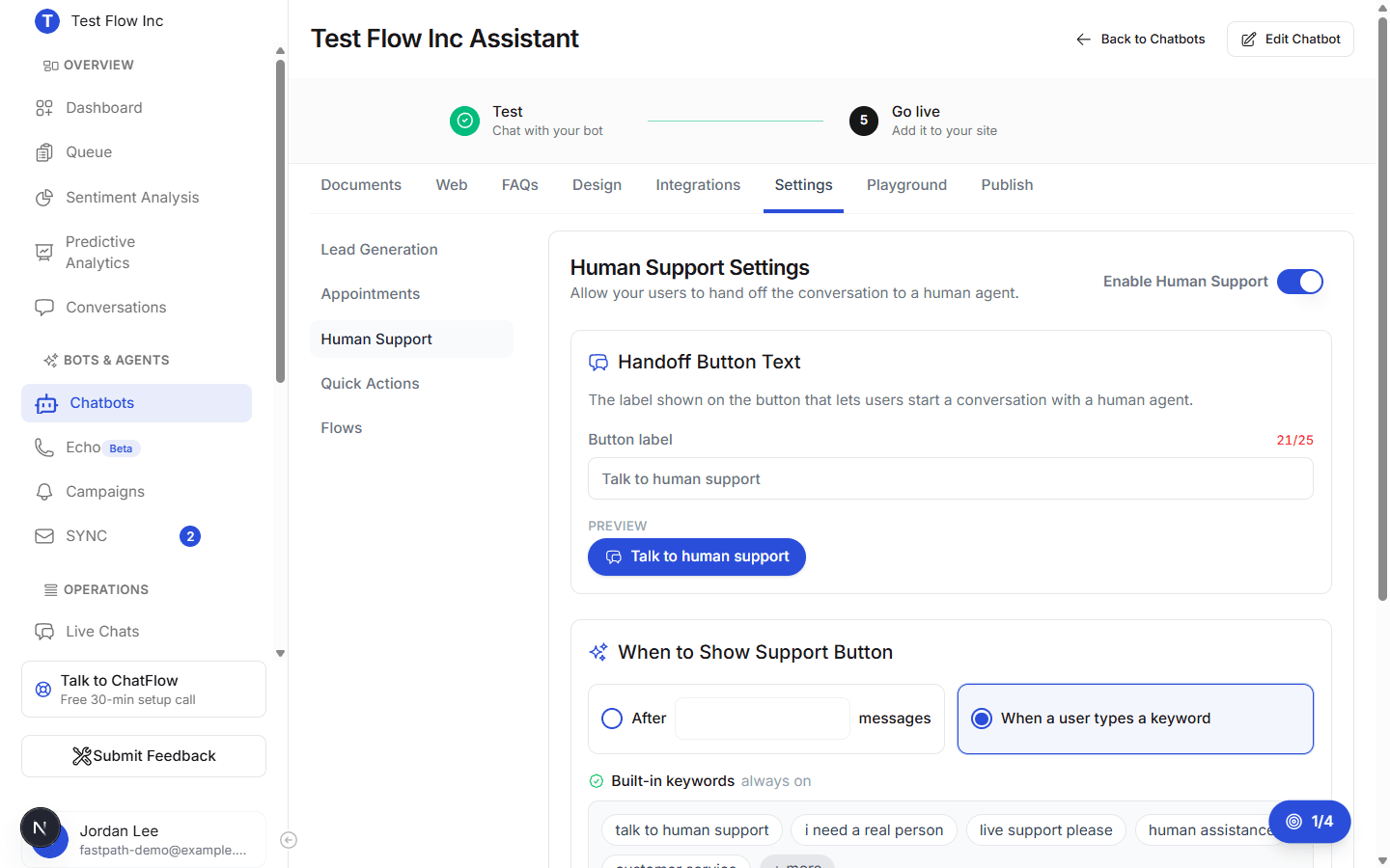 The Human Support settings with the Enable toggle on, the handoff button text field, and the keyword trigger options
