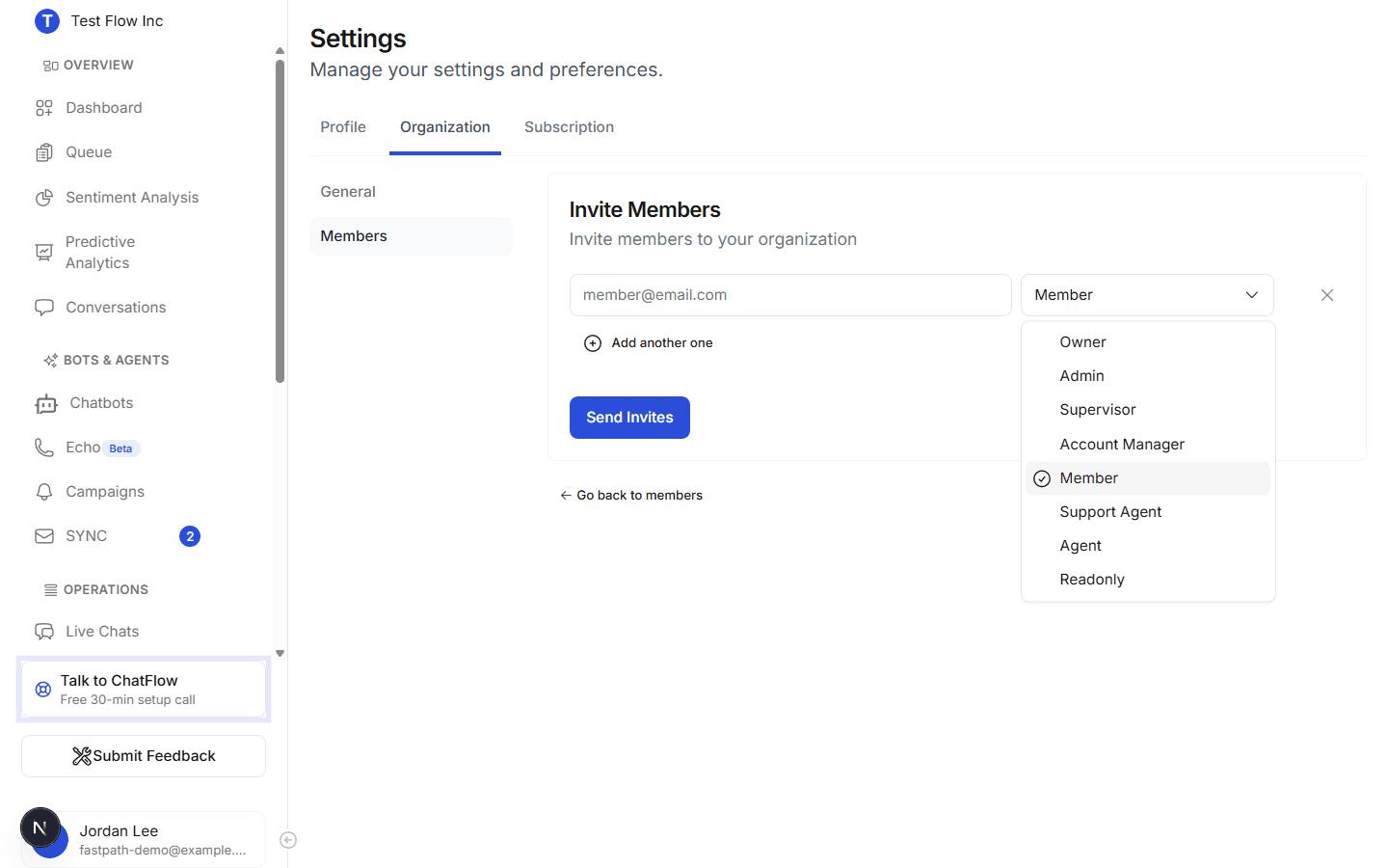 The invite form with the role dropdown open, showing Agent and the other roles that can take live chats