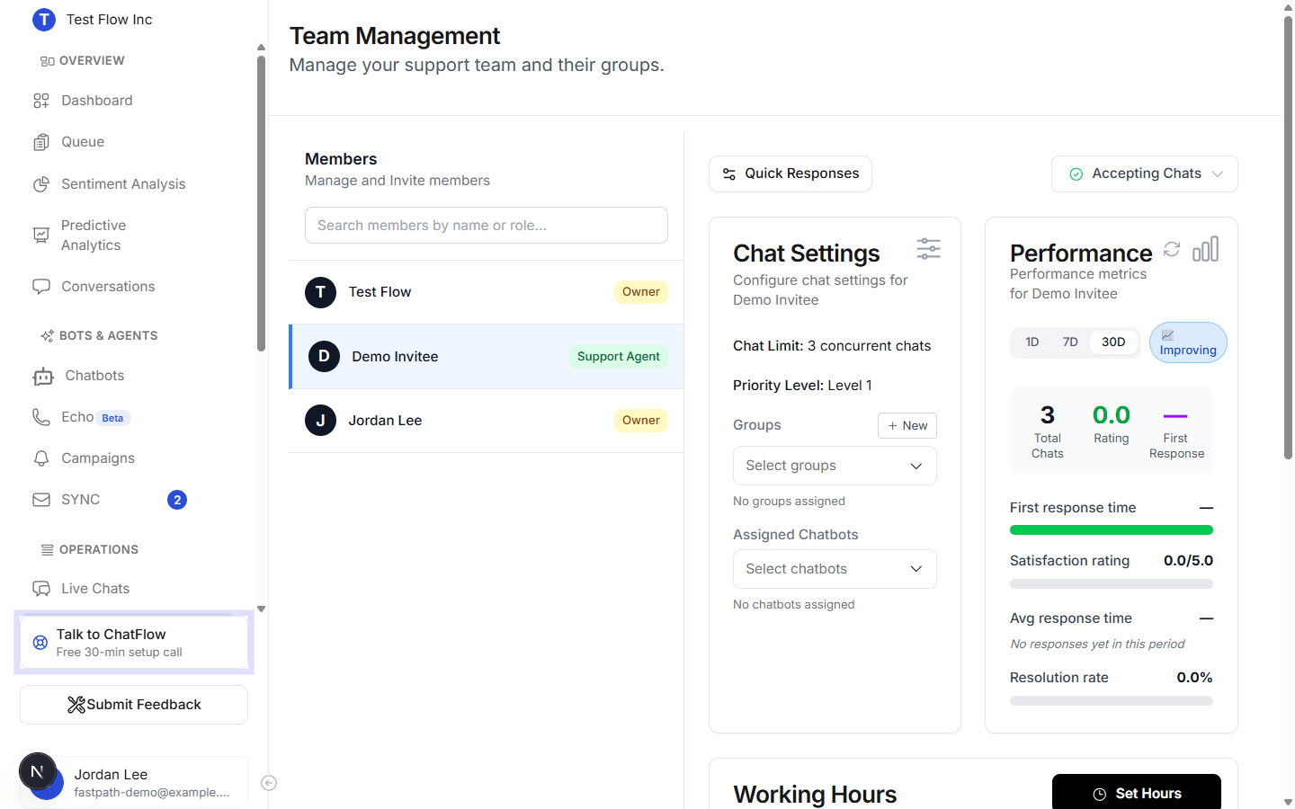 A member selected in Team Management with the Accepting Chats status shown at the top right of their settings