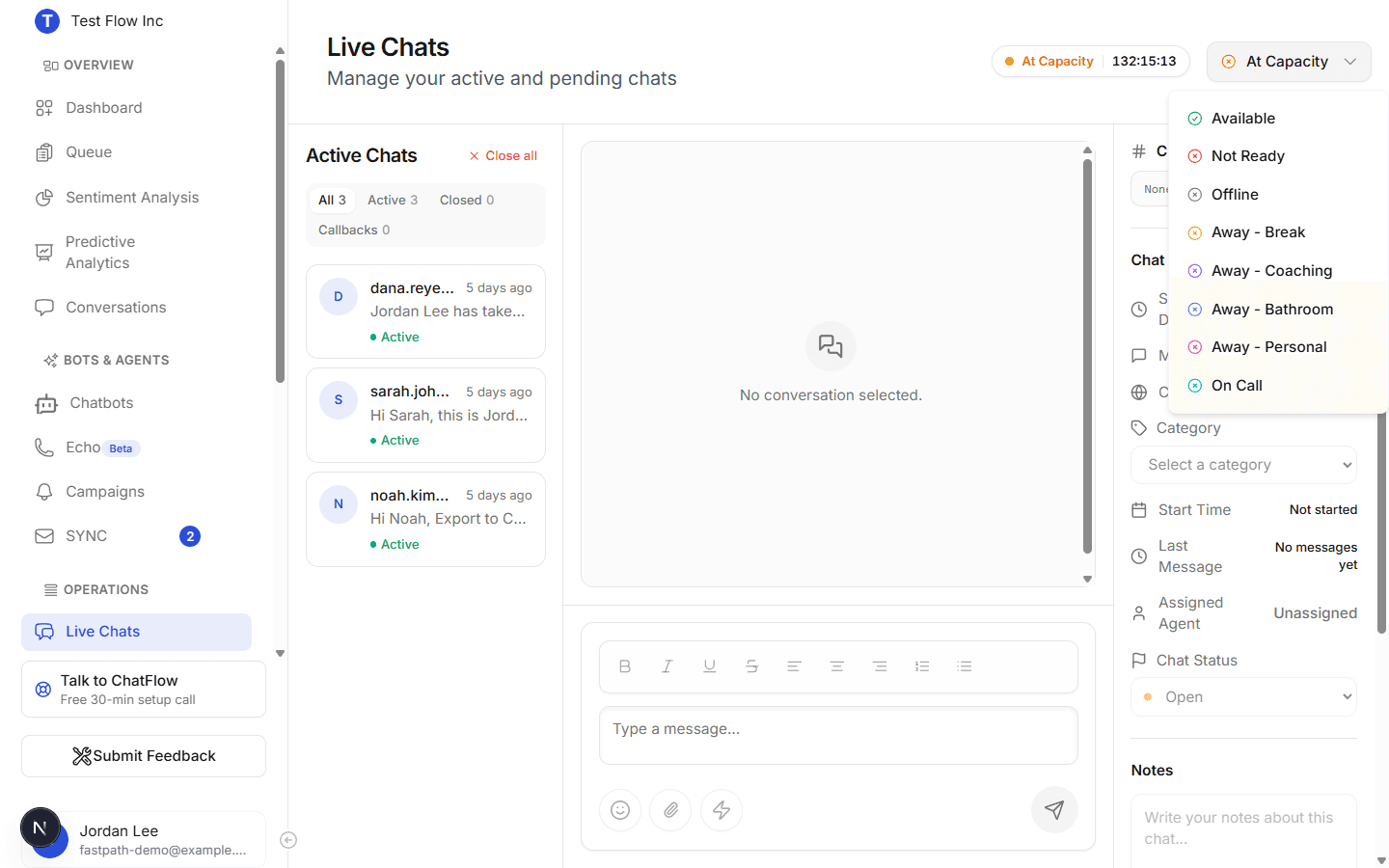 The Live Chats status menu open, with Available at the top of the list