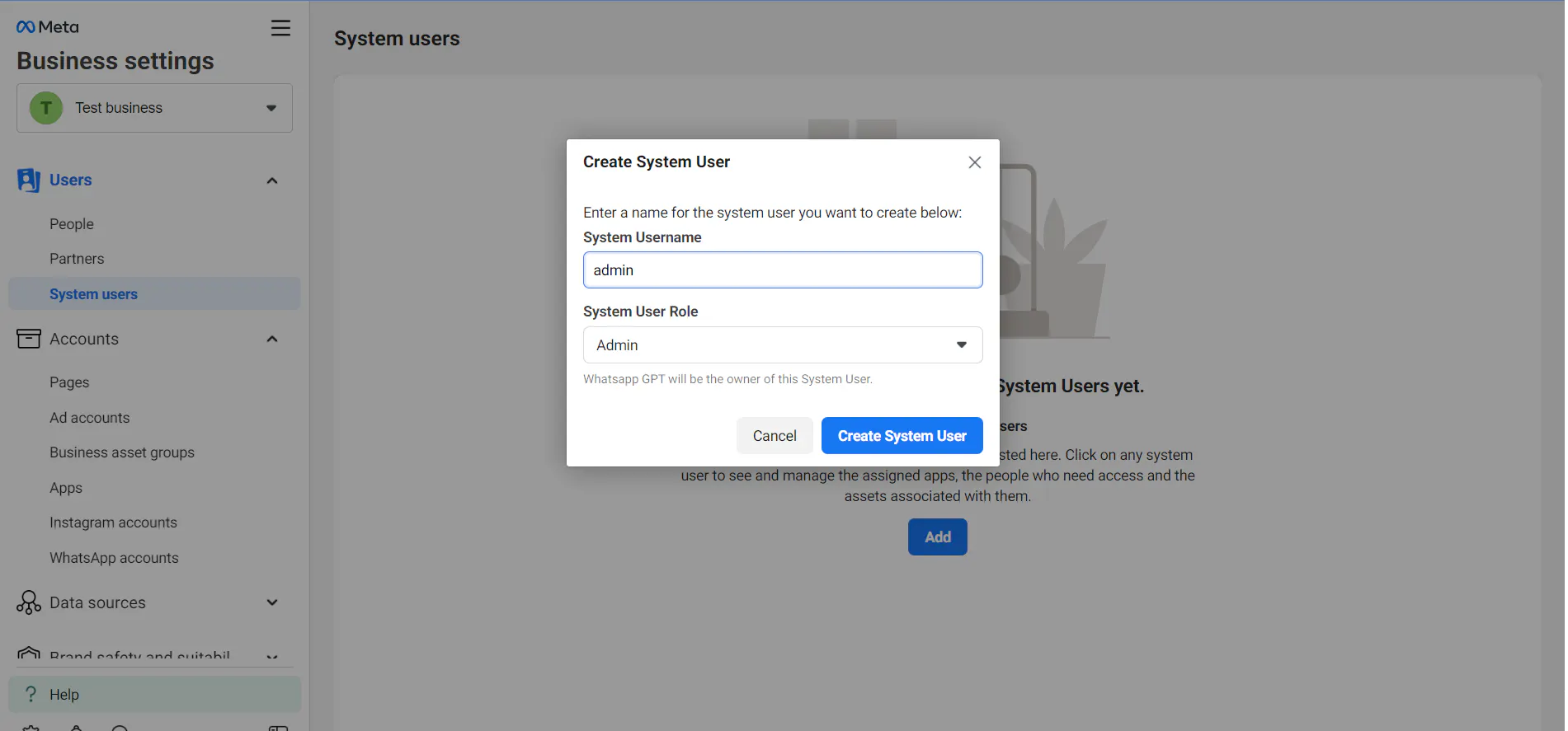 Adding an Admin system user in Meta Business settings