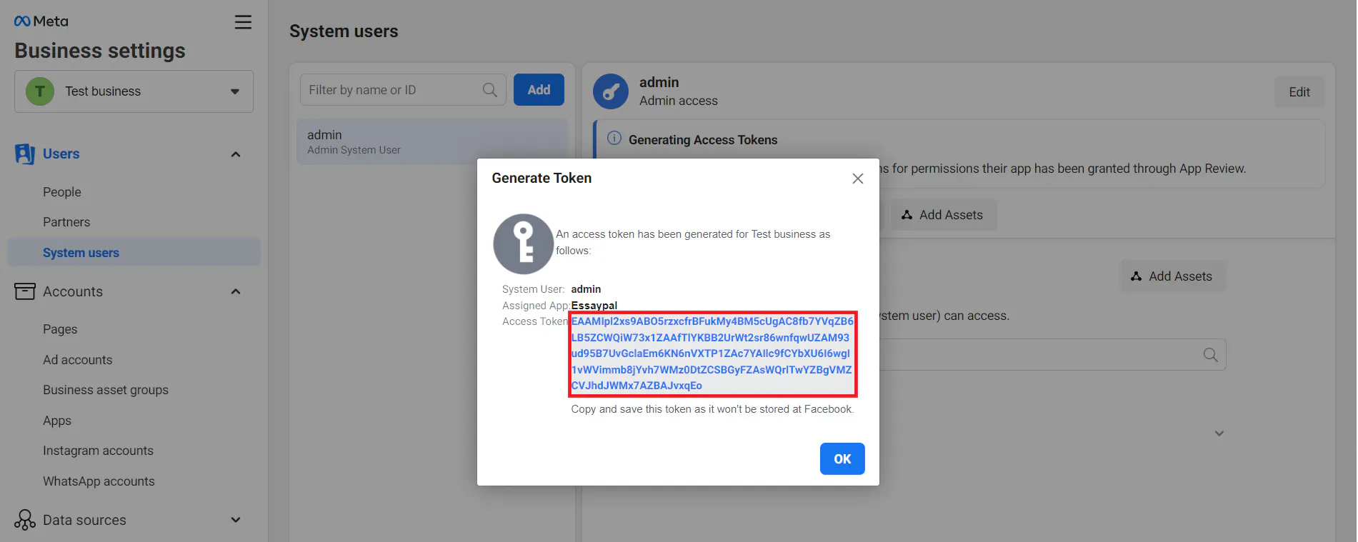Copying and storing the generated access token