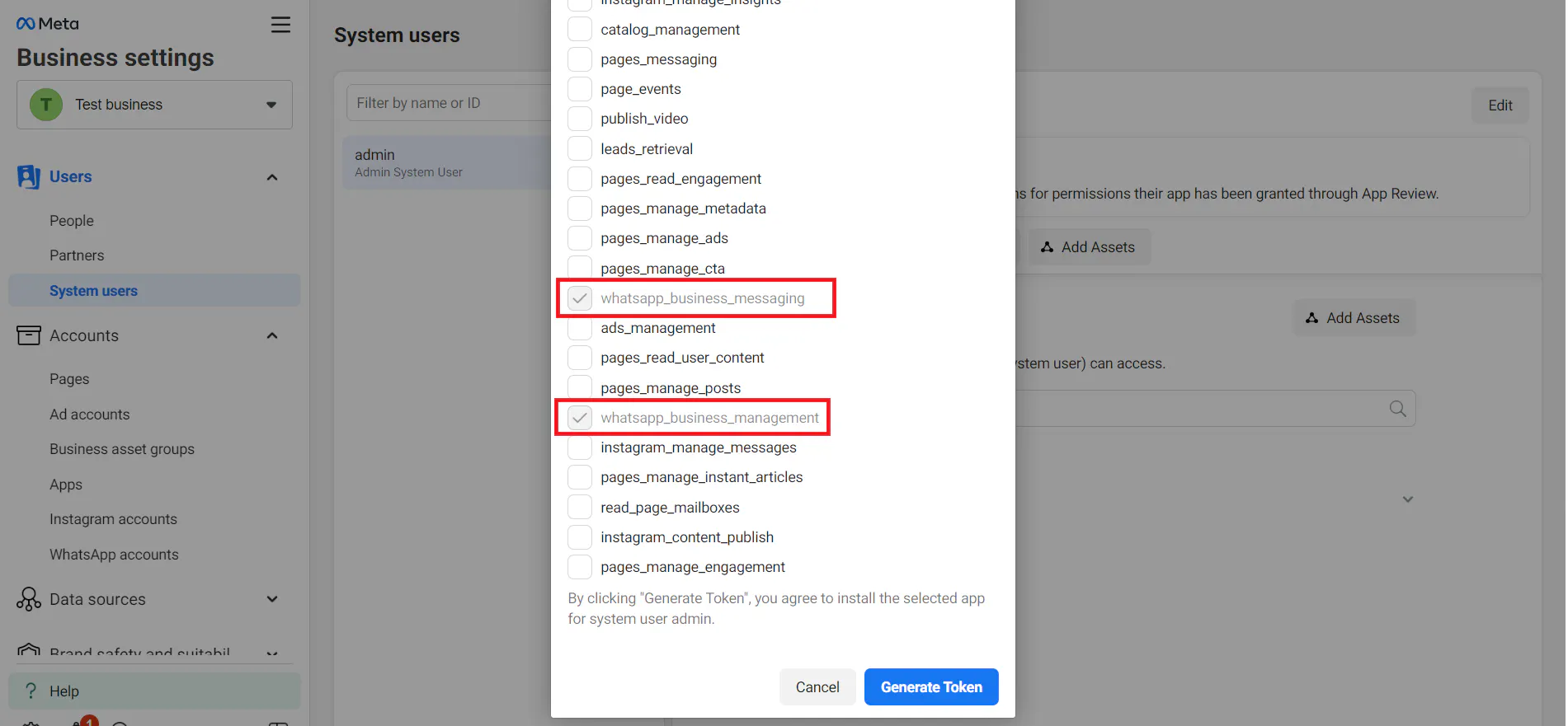 Selecting WhatsApp permissions for the token