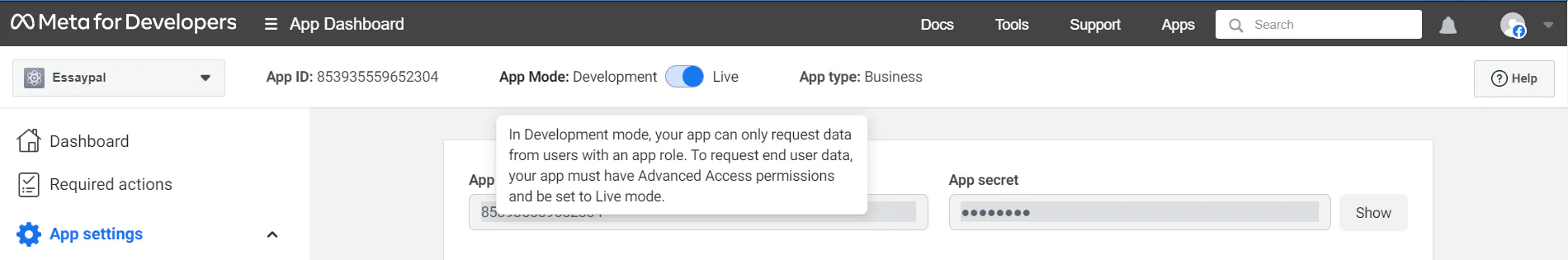 Switching the Meta app to Live mode