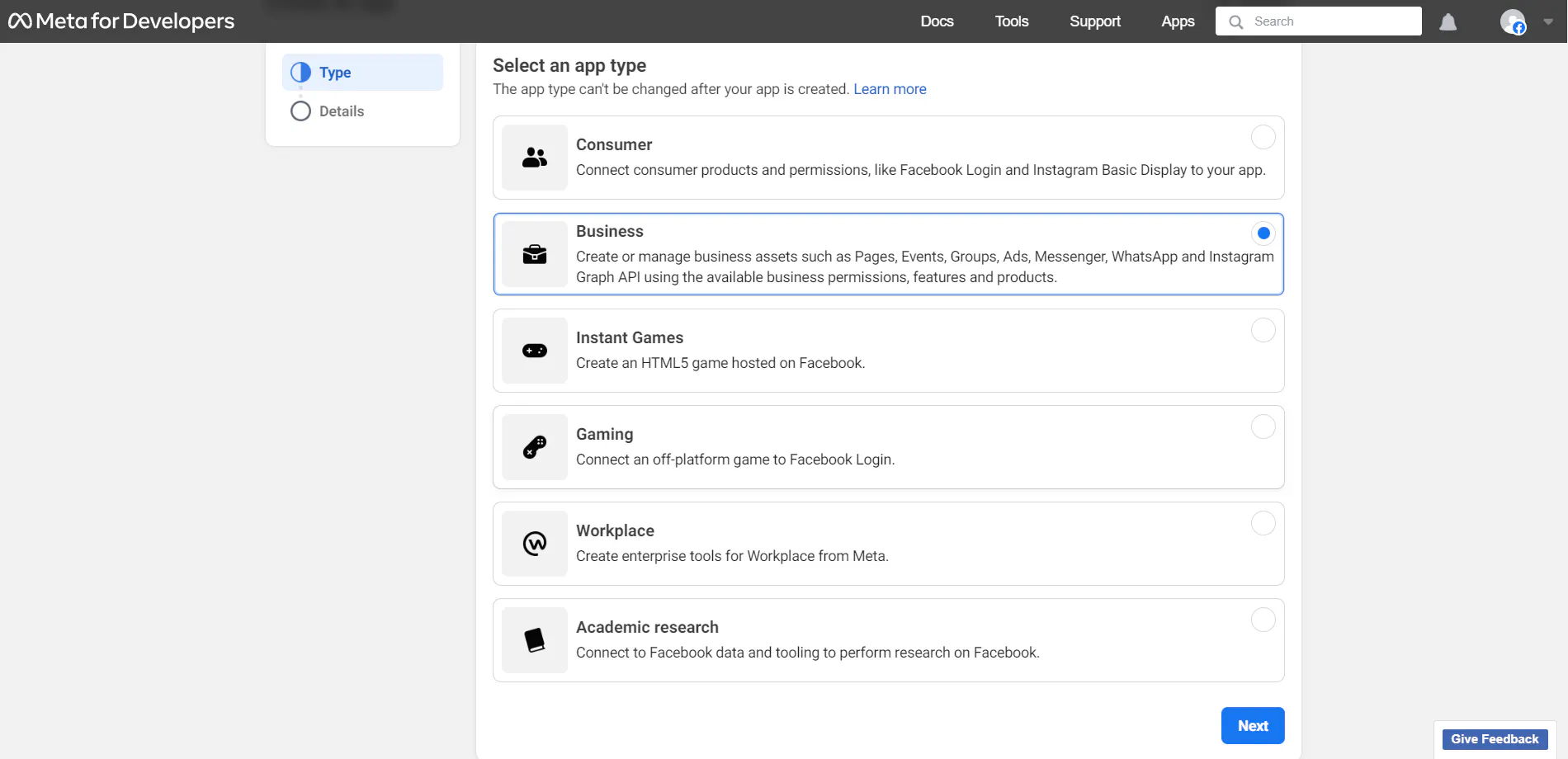 Choosing the Business app type in the Meta developer dashboard