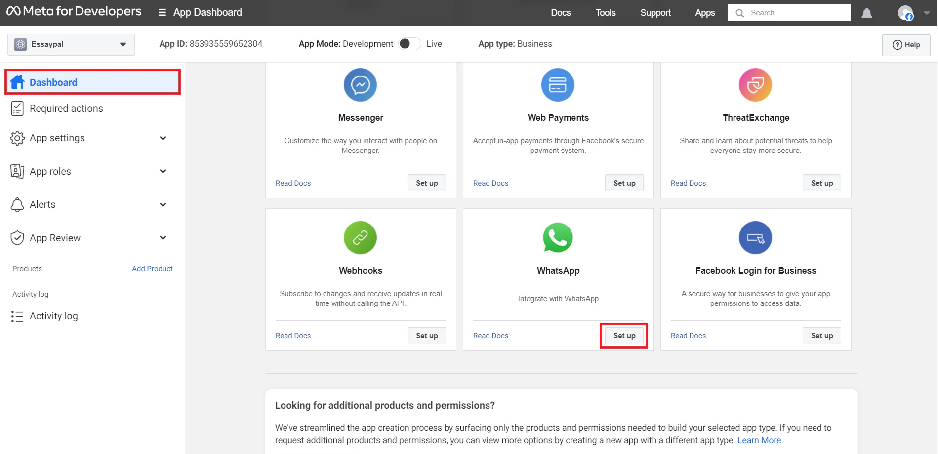 Adding the WhatsApp product to the Meta app